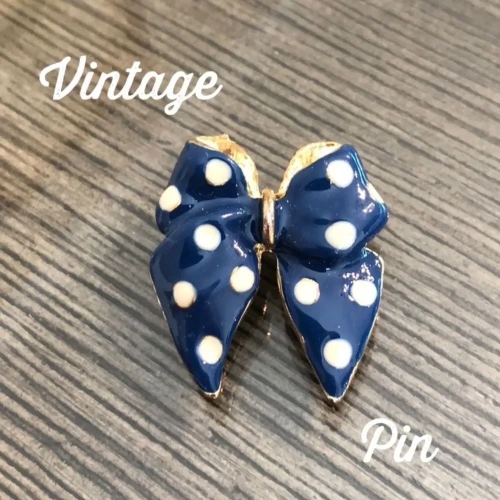Vintage Blue Enamel Bow Pin with Polka Dots
